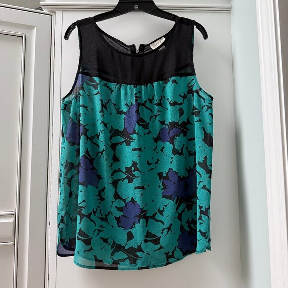 LOFT Sleeveless Sheer Panel Yoke Top Floral Blouse, Size M, Teal/Black/Purple - Picture 1 of 10